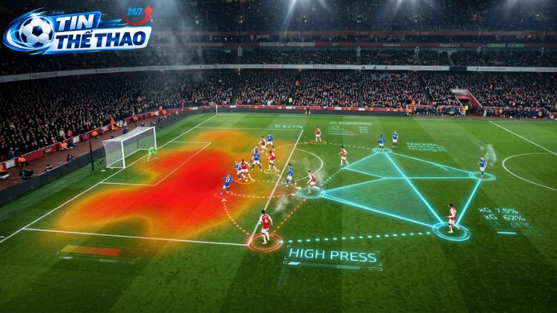 Khối đội hình Arsenal dâng cao thu hẹp không gian.